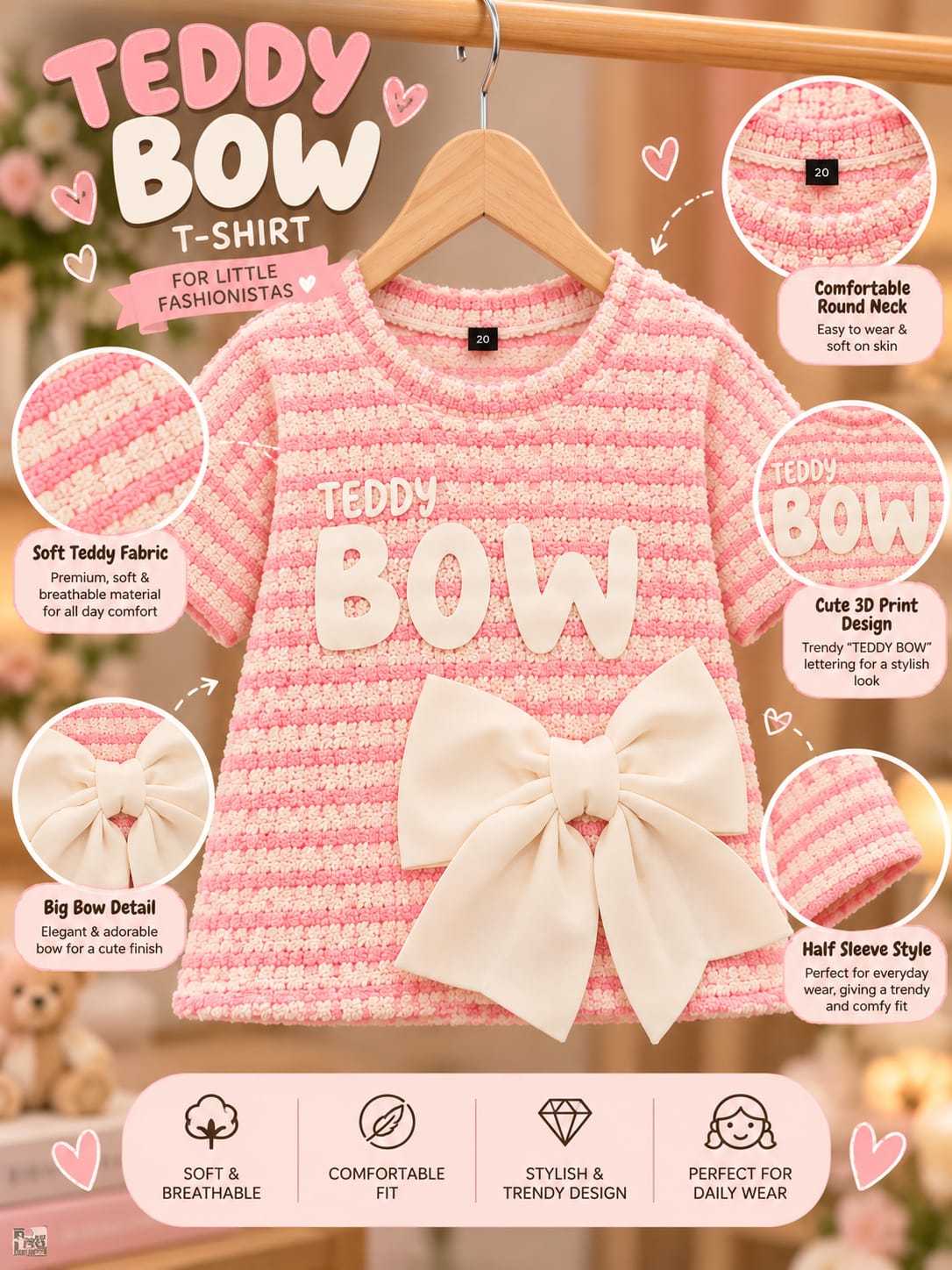 Girls Pink & White Striped Teddy Bow T-Shirt | Cute Kids Casual Top | 1–10 Years