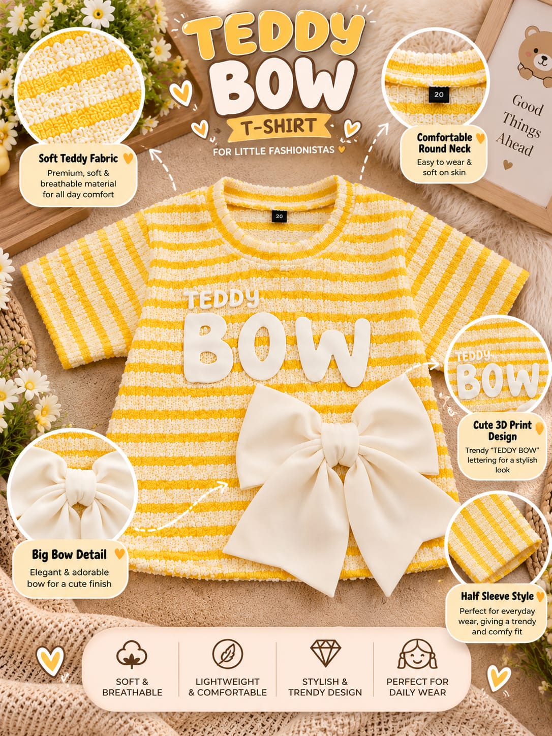 Girls Yellow & White Striped Teddy Bow T-Shirt | Cute Kids Casual Top | 1–5 Years