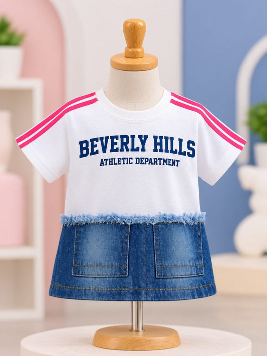 Girls White Beverly Hills T-Shirt with Blue Denim Skirt | 2-in-1 Casual Outfit | 4–11 Years