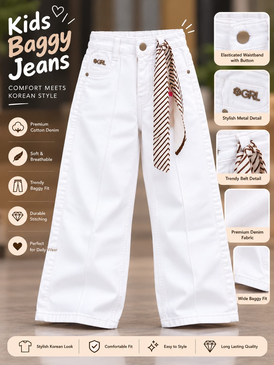 Girls White Wide Leg Denim Jeans with Striped Waist Tie | High-Waist Trendy Kids Trousers | 3–8 Years