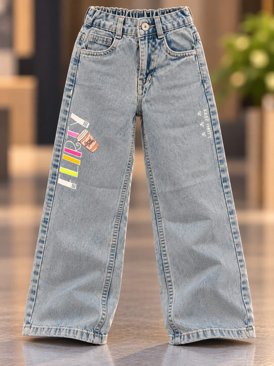 Girls Light Blue Baggy Wide Leg Jeans with Cute Graphic Print | Korean Streetwear Denim Pants | 6 Months–5 Years
