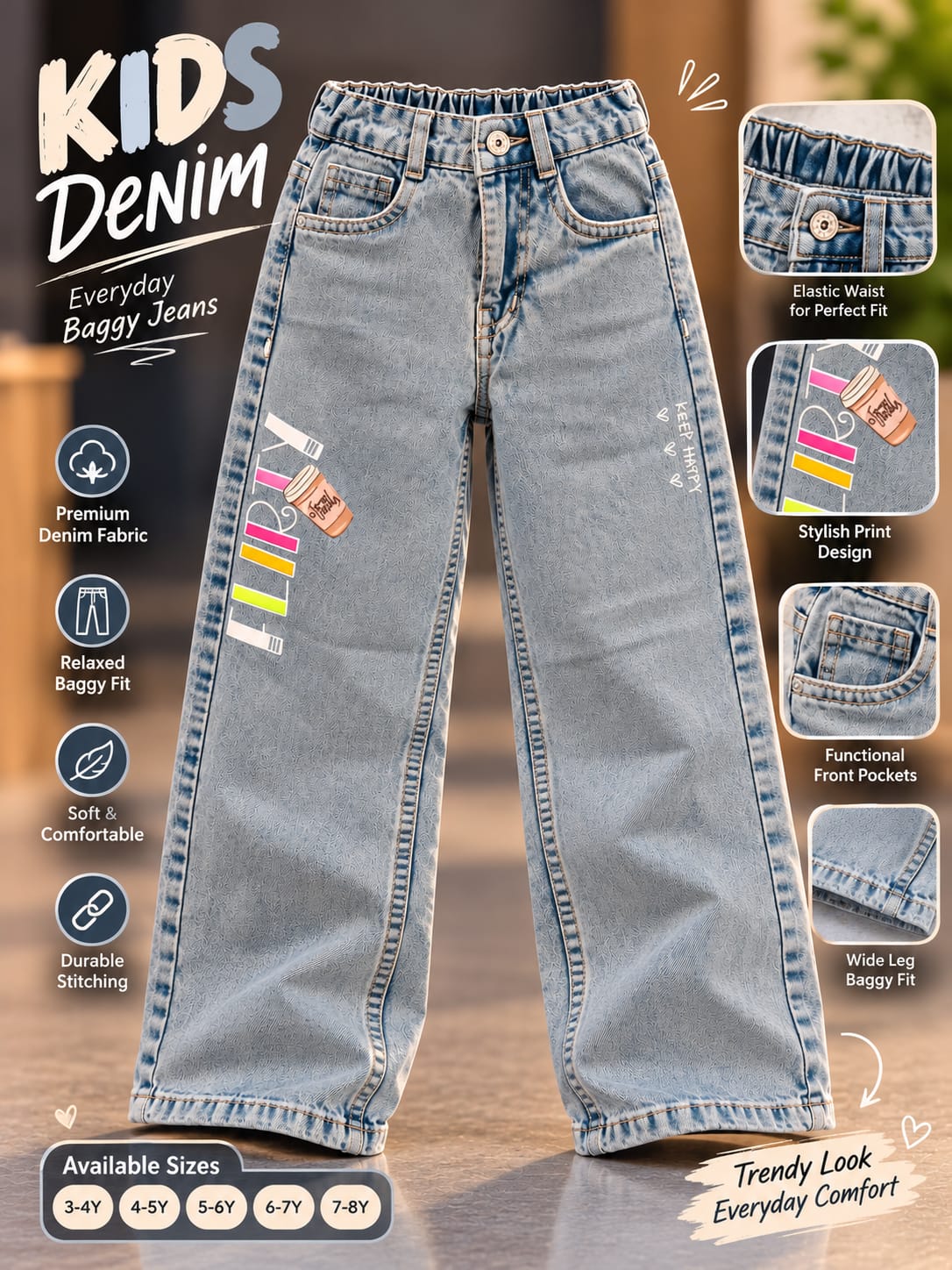 Girls Light Blue Baggy Wide Leg Jeans with Cute Graphic Print | Korean Streetwear Denim Pants | 6 Months–5 Years