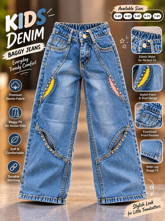 Girls Blue Baggy Wide Leg Jeans with Pearl Stud Detailing | Korean Streetwear Denim Pants | 3–8 Years