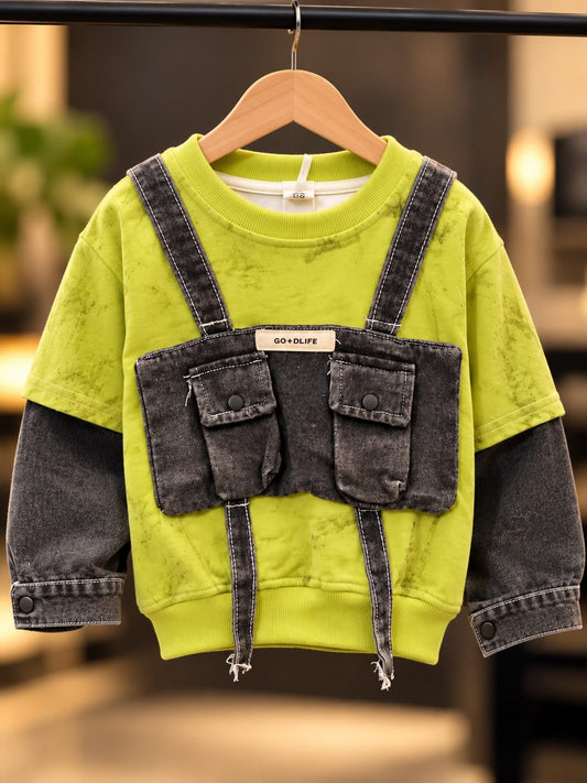 Boys Lime Green Denim-Style Utility Pocket Sweatshirt | Sizes 18β26