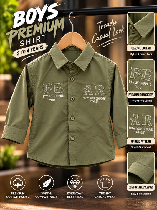 Boys Olive Green Printed Full Sleeve Shirt | Kids Casual Button-Down Shirt | 1-6 Years