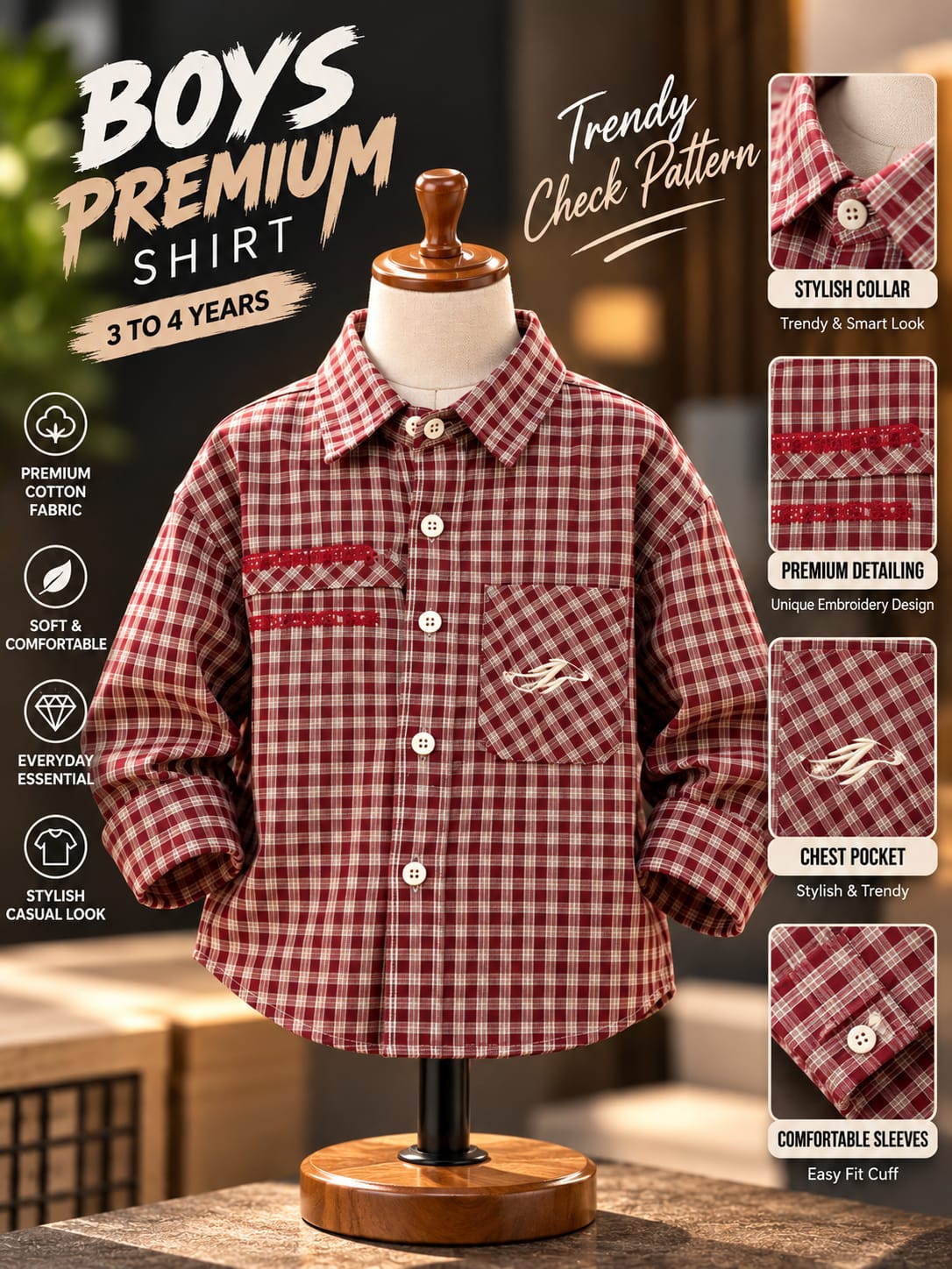 Boys Maroon Checkered Full Sleeve Shirt | Kids Casual Plaid Button-Down Shirt | 1–6 Years