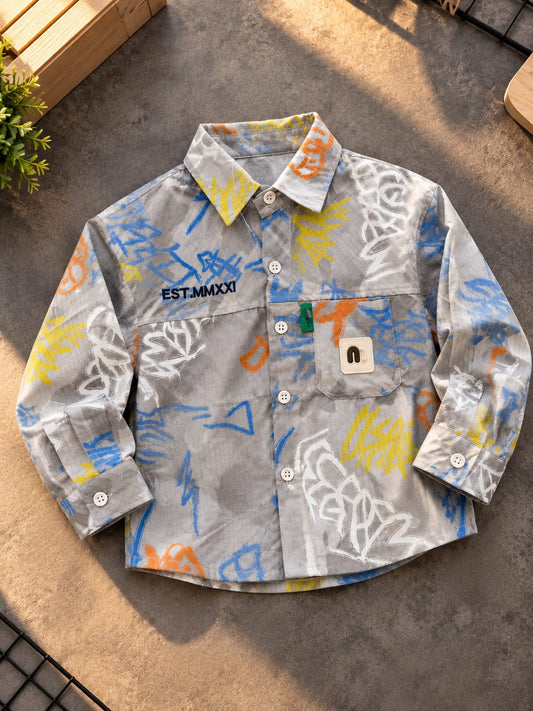 Boys Grey Graffiti Printed Full Sleeve Shirt | Korean Streetwear Casual Shirt | 1β6 Years