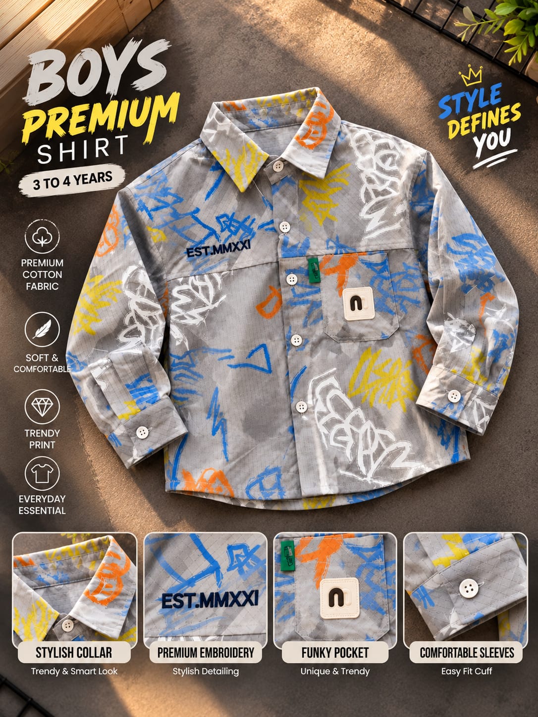 Boys Grey Graffiti Printed Full Sleeve Shirt | Korean Streetwear Casual Shirt | 1–6 Years