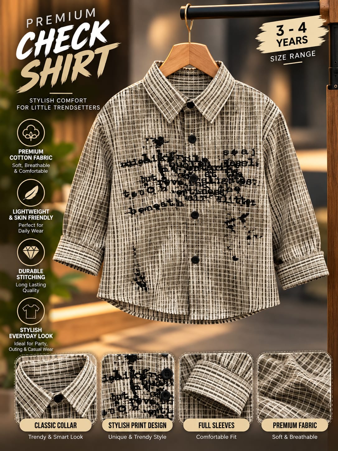 Boys Black & White Checkered Printed Shirt | Korean Streetwear Full Sleeve Shirt | 1–6 Years