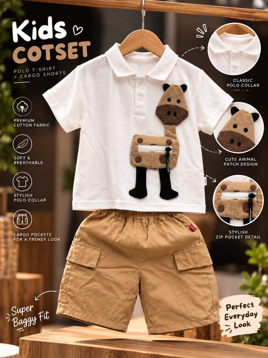 Boys Giraffe Applique Polo T-Shirt & Cargo Shorts Set | White & Beige Co-Ord Set | 3–6 Years