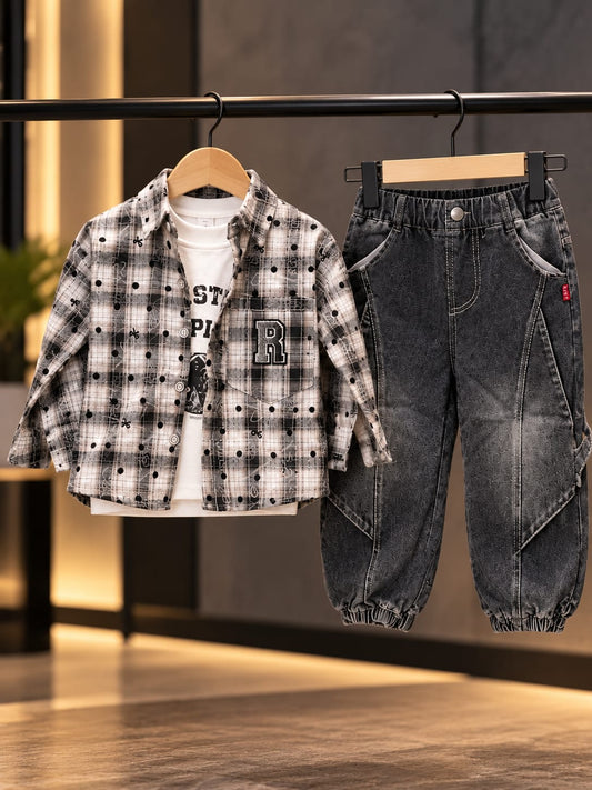Boys Black Baggy Denim Joggers & Checkered Shirt Set | Korean Streetwear Co-Ord Outfit | 1–6 Years