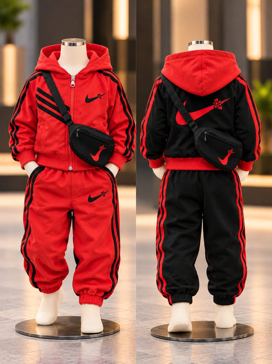 Kids Red & Black Tracksuit Set with Hoodie | Sporty 2-Piece Co-Ord Set | 1–6 Years