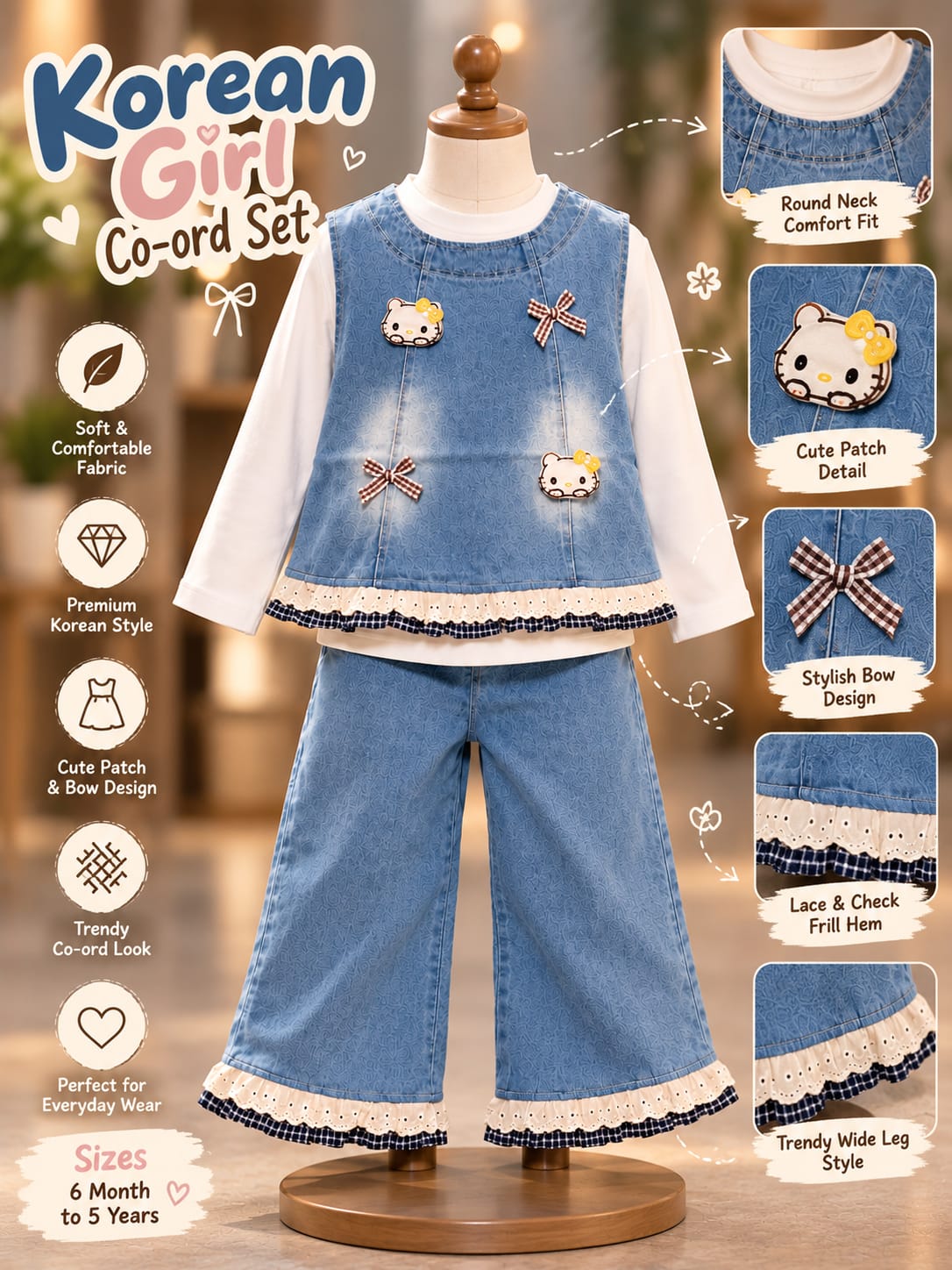 Girls Blue Denim Co-Ord Set with Bow & Cute Character Details | Korean Style Top and Wide-Leg Pants | 2–6 Years