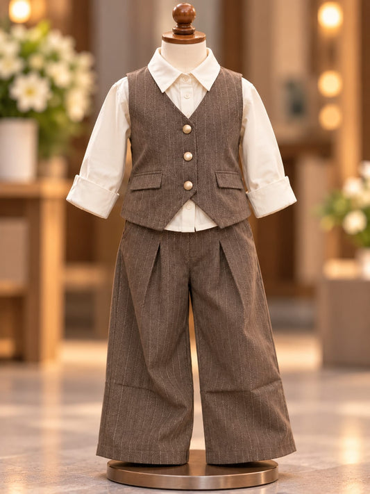 Girls Brown Formal Co-Ord Set with Waistcoat & Wide-Leg Trousers | Korean Fashion Outfit | 6 Months–5 Years
