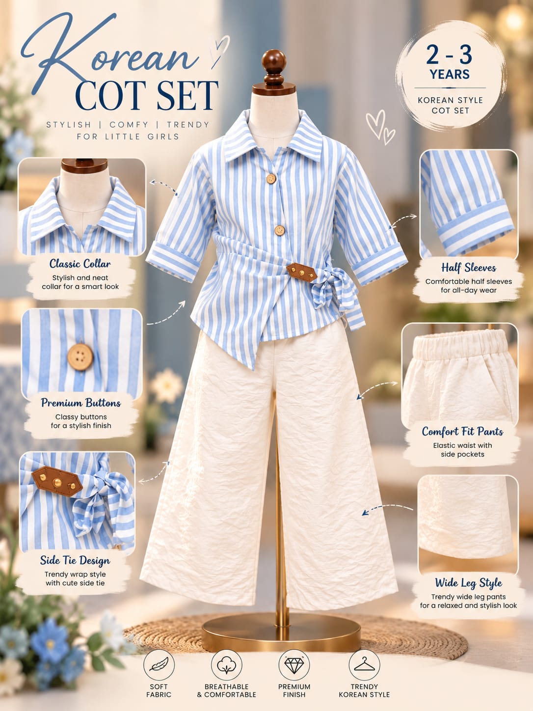 Girls Blue & White Striped Shirt with White Wide-Leg Pants Co-Ord Set | Korean Chic Fashion | 1–4 Years