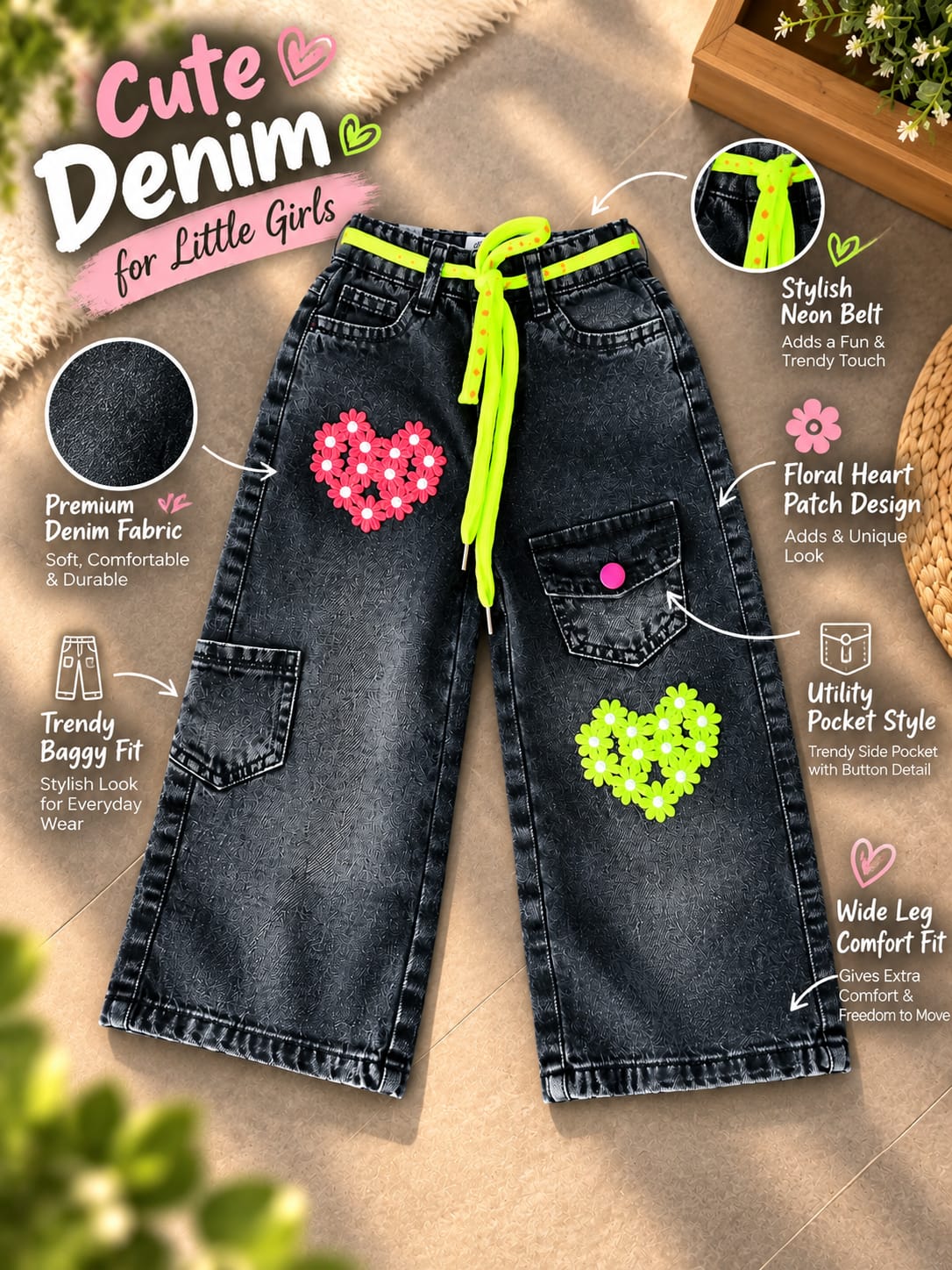 Girls Black Washed Floral Heart Baggy Jeans | Neon Drawstring Cargo Denim Pants | Korean Streetwear | 6 Months–6 Years
