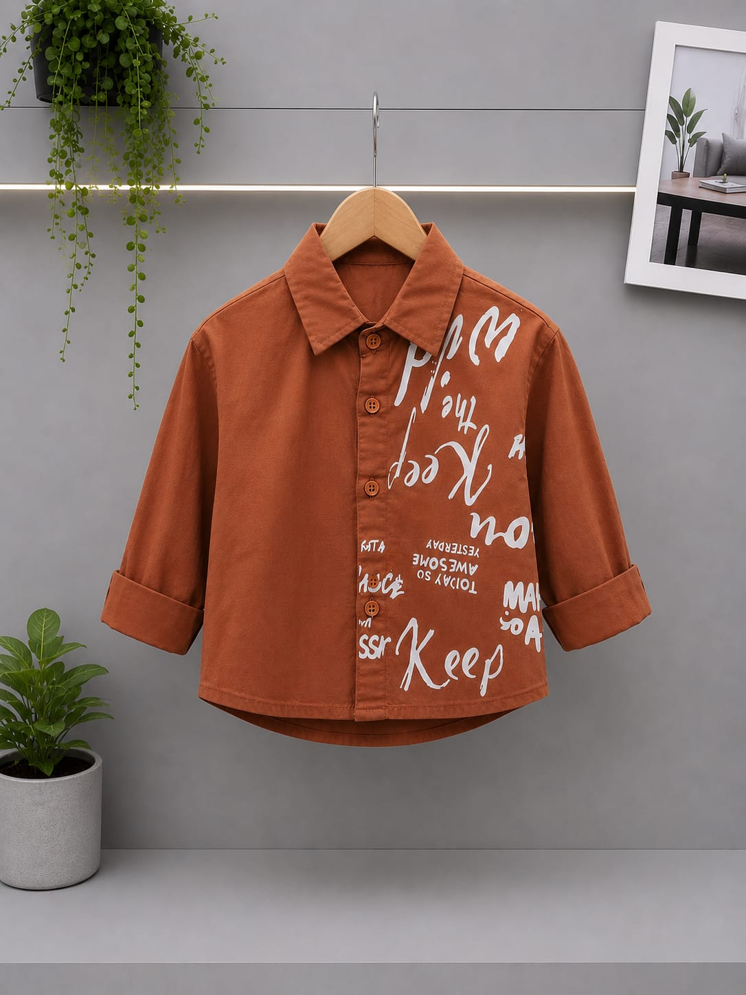 BOYS PREMIUM RUST BROWN TYPOGRAPHIC PRINT COTTON SHIRT | SIZES 18–26