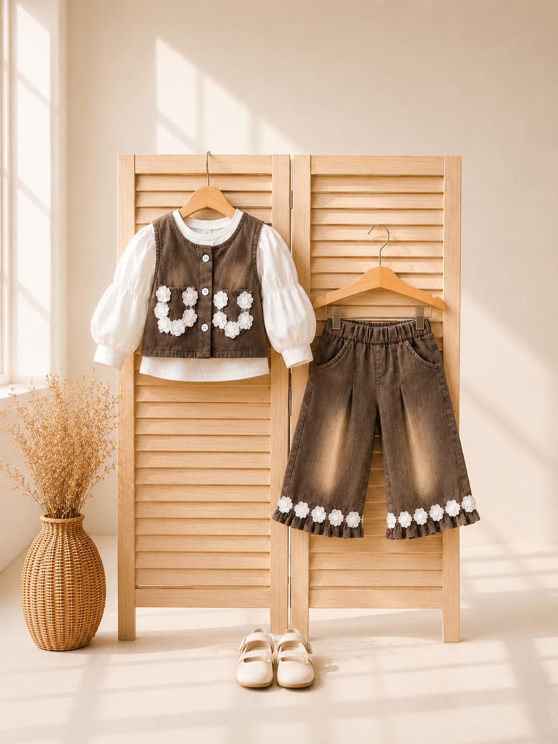 GIRLS PREMIUM BROWN FLORAL 3-PIECE CO-ORD SET WITH WIDE LEG PANTS | SIZES 18–26