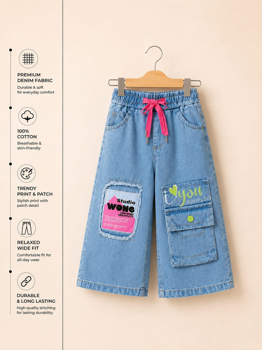 GIRLS LIGHT BLUE WIDE LEG CARGO DENIM JEANS WITH PATCH POCKETS | SIZES 18–26