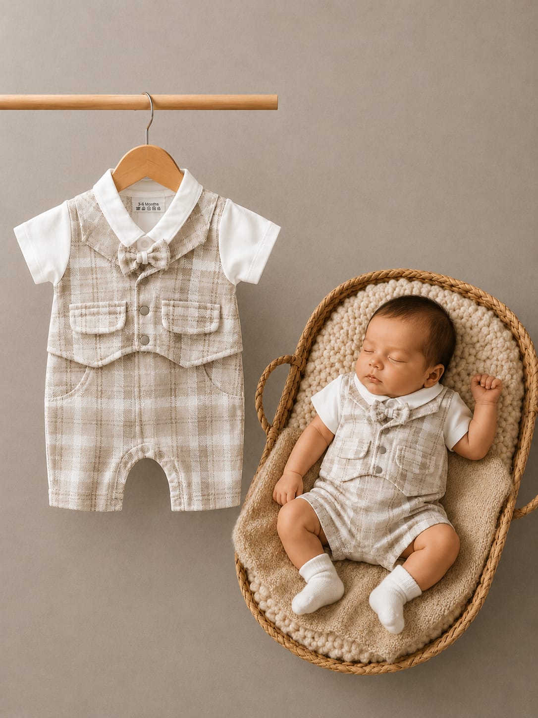 BABY BOYS PREMIUM BEIGE CHECK ROMPER WITH BOW TIE | SIZES 3–12 MONTHS