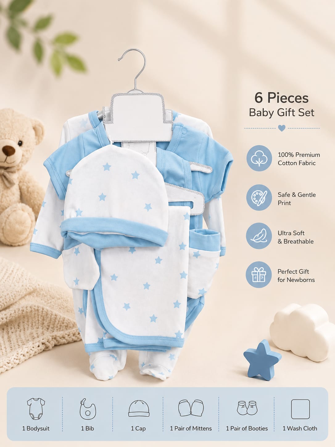 NEWBORN BABY PREMIUM 6-PIECE COTTON GIFT SET – SKY BLUE | 0–12 MONTHS