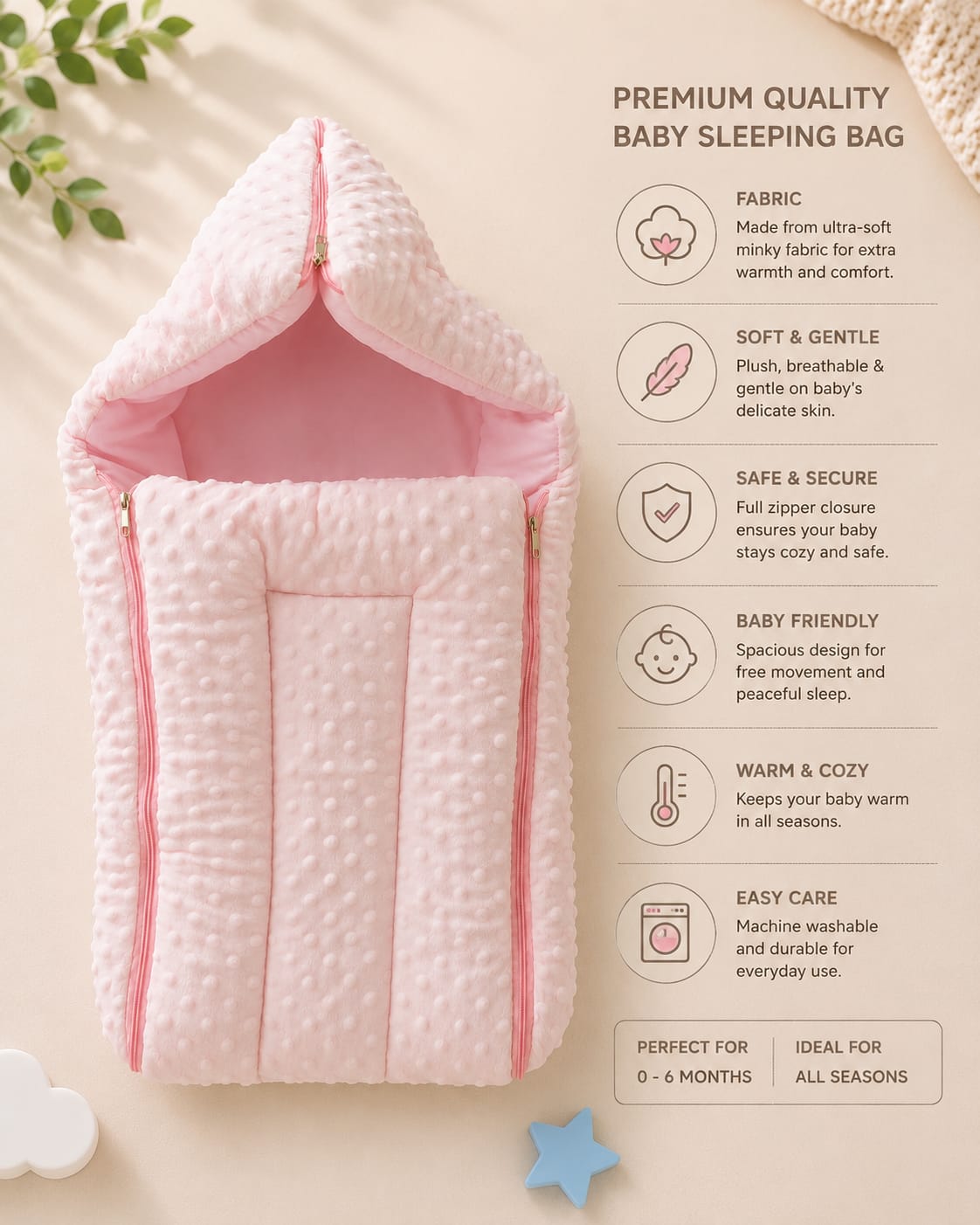 Premium Baby Sleeping Bag with Hood – Ultra Soft Minky Blanket Wrap | 0–6 Months | Pink