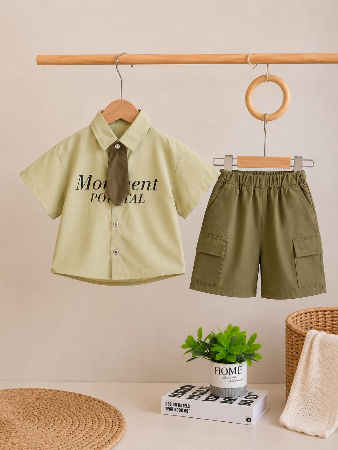 Boys Formal Shirt & Cargo Shorts Set with Tie | Light Pistachio & Olive Green | 18–26