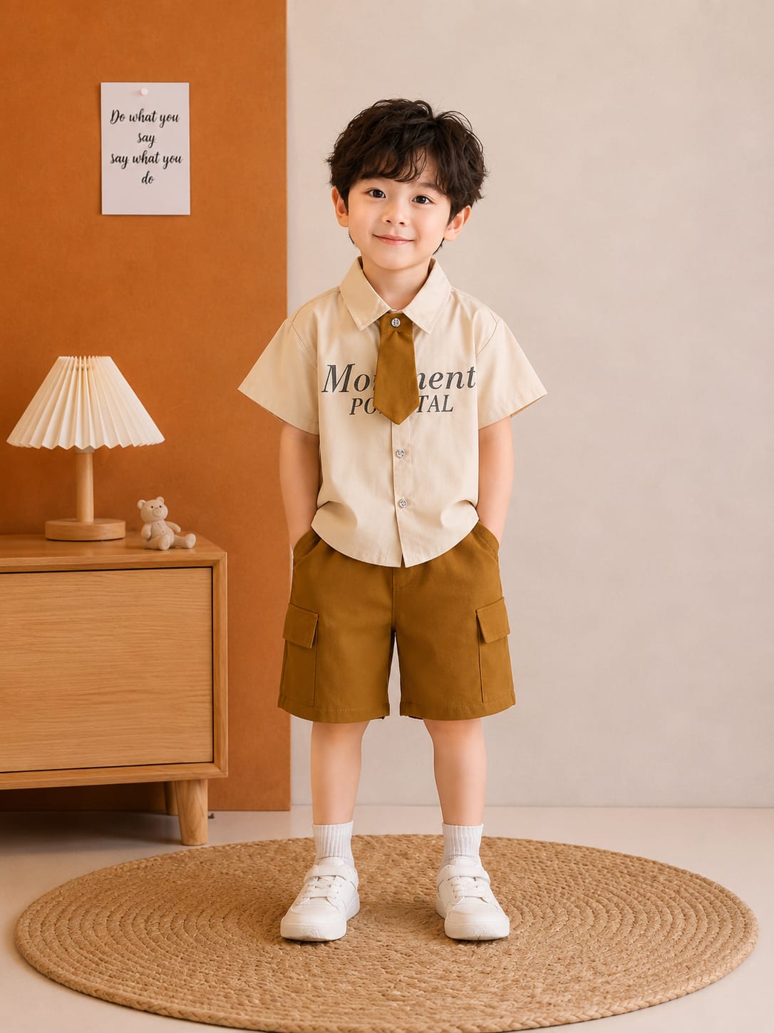 Boys Formal Shirt & Cargo Shorts Set with Tie | Cream & Mustard | 2-Piece Outfit | 18–26