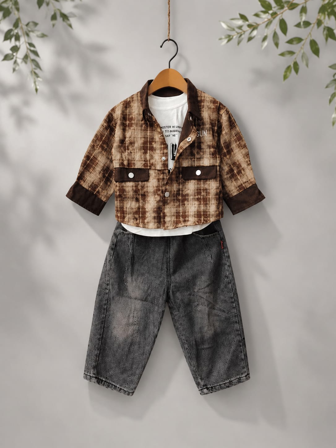 Boys 3-Piece Checked Shirt, T-Shirt & Denim Jeans Set | Brown & Charcoal Grey | 18–26