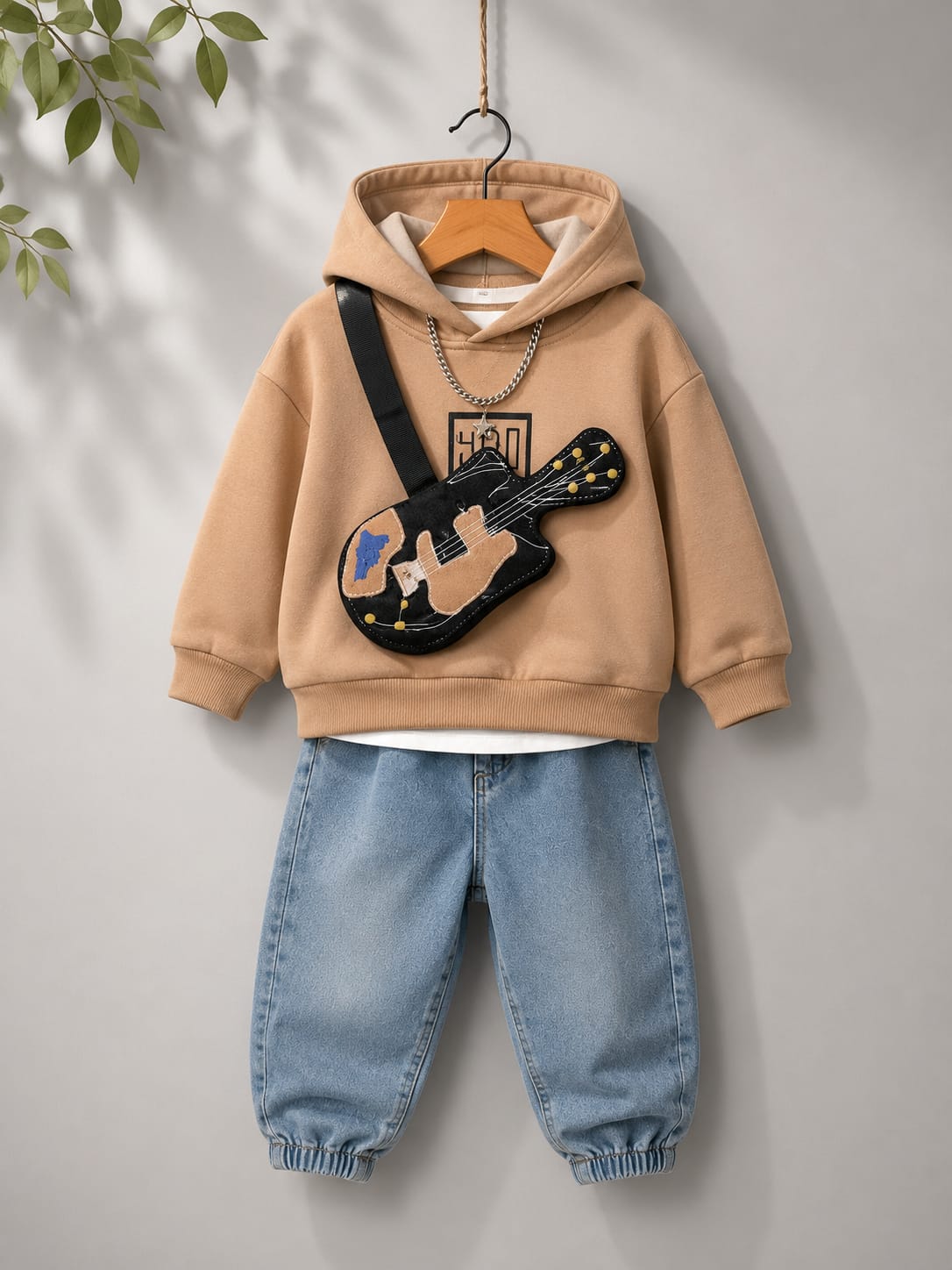 Boys Premium Hoodie & Denim Set with Guitar Sling Bag | Beige | 18–26