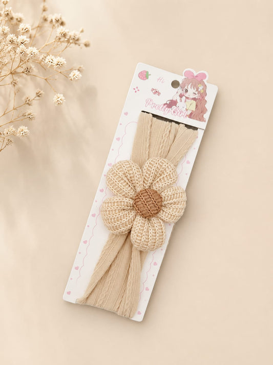Baby Girls Beige Flower Nylon Headband | Soft Stretch Floral Hair Band | Newborn to Kids