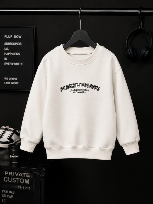 Boys White Printed Fleece Sweatshirt | Winter Casual Round Neck | 6–9 Years