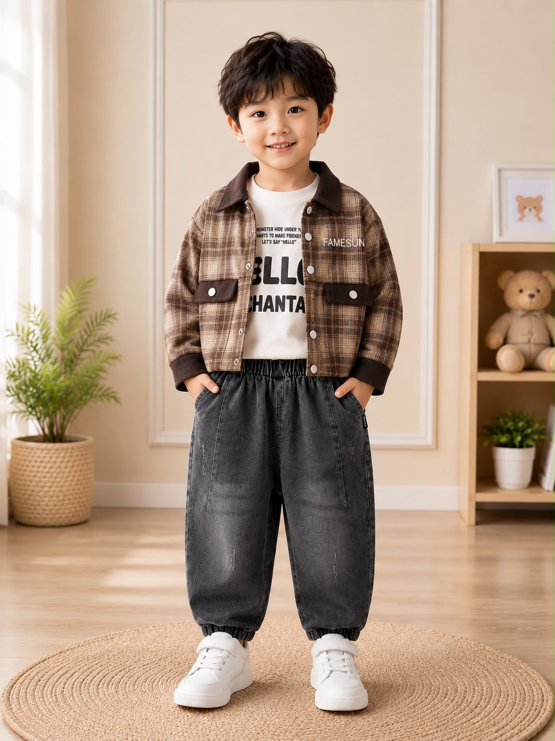 Boys 3-Piece Checked Shirt, T-Shirt & Denim Jeans Set | Brown & Charcoal Grey | 18–26