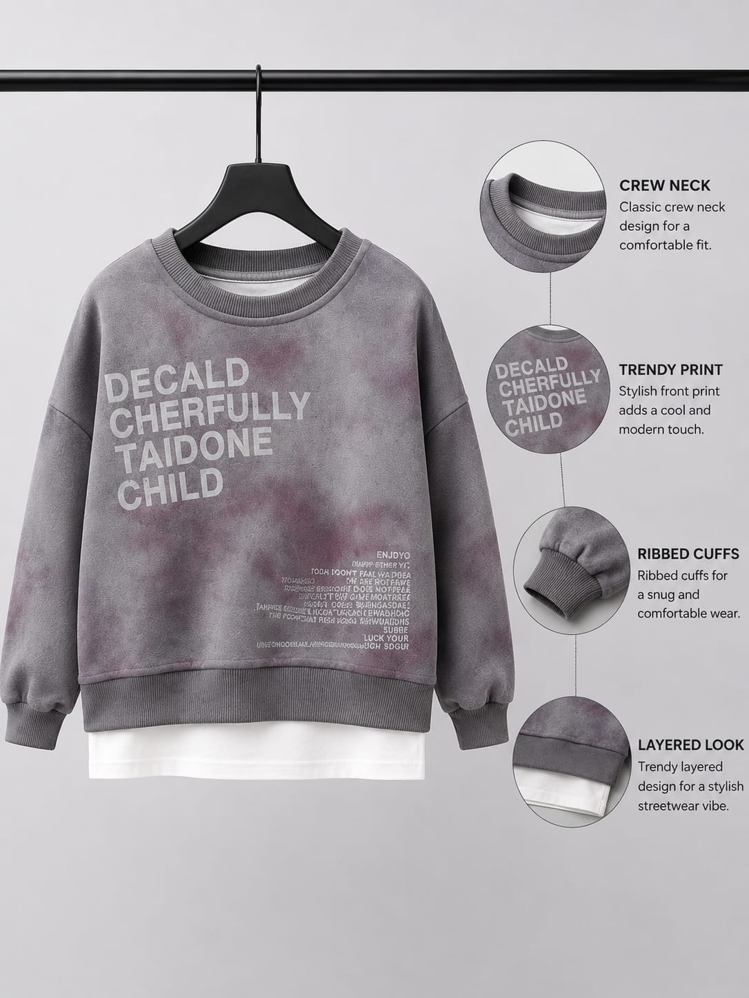 Kids Oversized Tie-Dye Sweatshirt | Grey Layered All Weather Sweatshirt | 8–10 Years