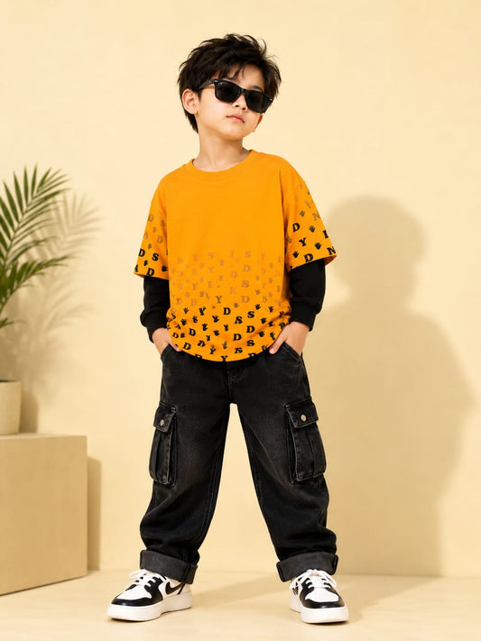Kids Layered Printed Sweatshirt | Mustard & Black Full Sleeve Sweatshirt | 5–9 Years