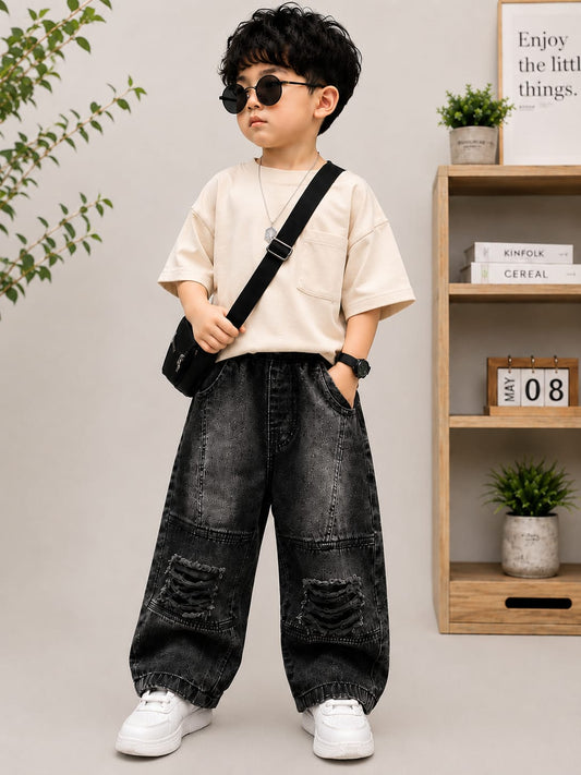 Boys Washed Black Ripped Baggy Jeans | Premium Denim | Size 18–26