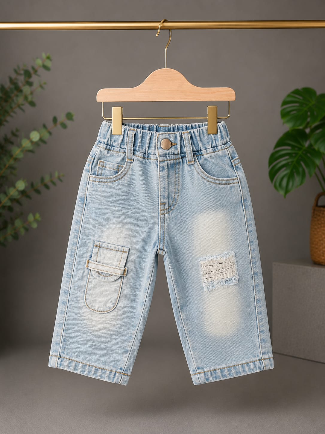 WANSTER Kids Ice Blue Front Utility Pocket Baggy Jeans | Premium Korean Denim | 4 Months–2/3 Years