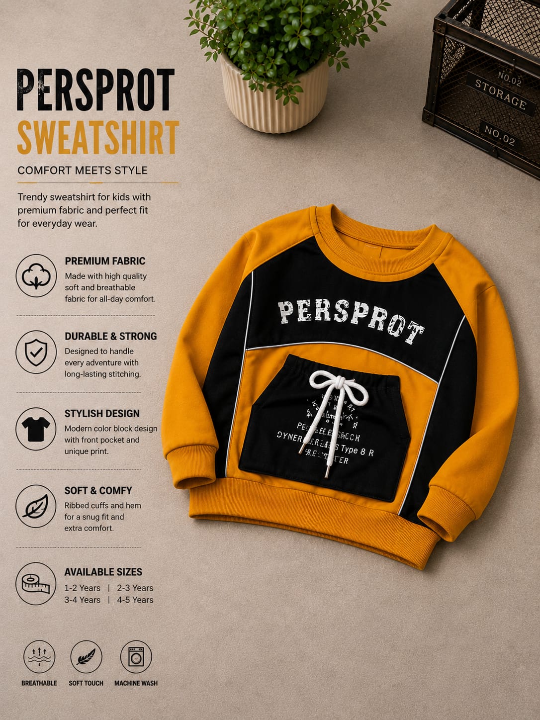 Kids Persprot Fleece Sweatshirt | Mustard Yellow & Black | Winter Wear | 1–5 Years