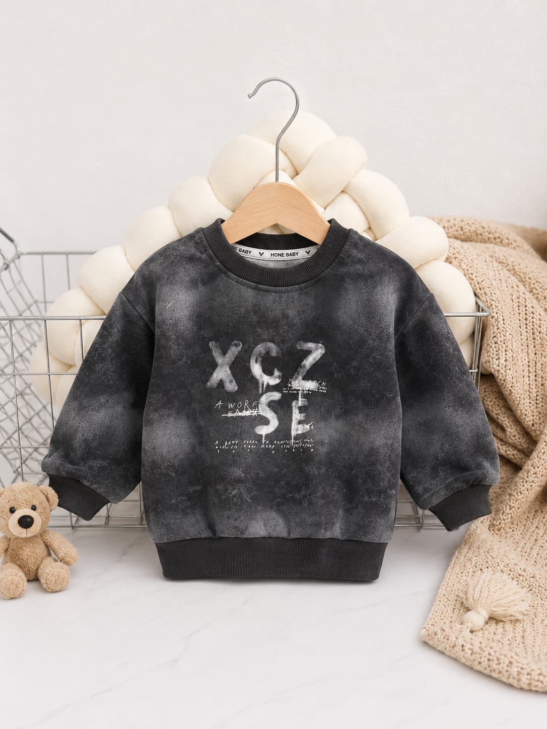 Kids XCZSE Acid Wash Fleece Sweatshirt | Charcoal Grey | Winter Wear | 1–5 Years