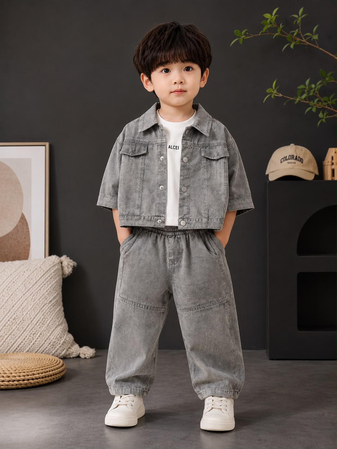Kids 3-Piece Grey Denim Co-ord Set with Jacket, T-Shirt & Jeans | 1–5 Years