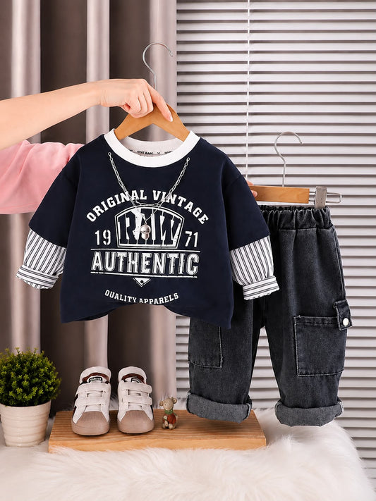 Kids Raw Authentic 2-Piece T-Shirt & Cargo Denim Pant Set | Navy Blue & Black | Size 18–26