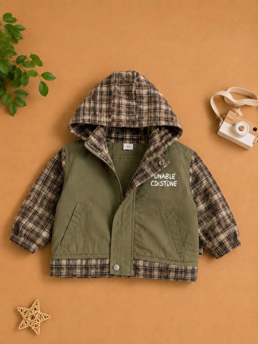 Kids Hooded Checkered Utility Jacket | Olive Green | All Weather Casual Jacket | Size 18–26