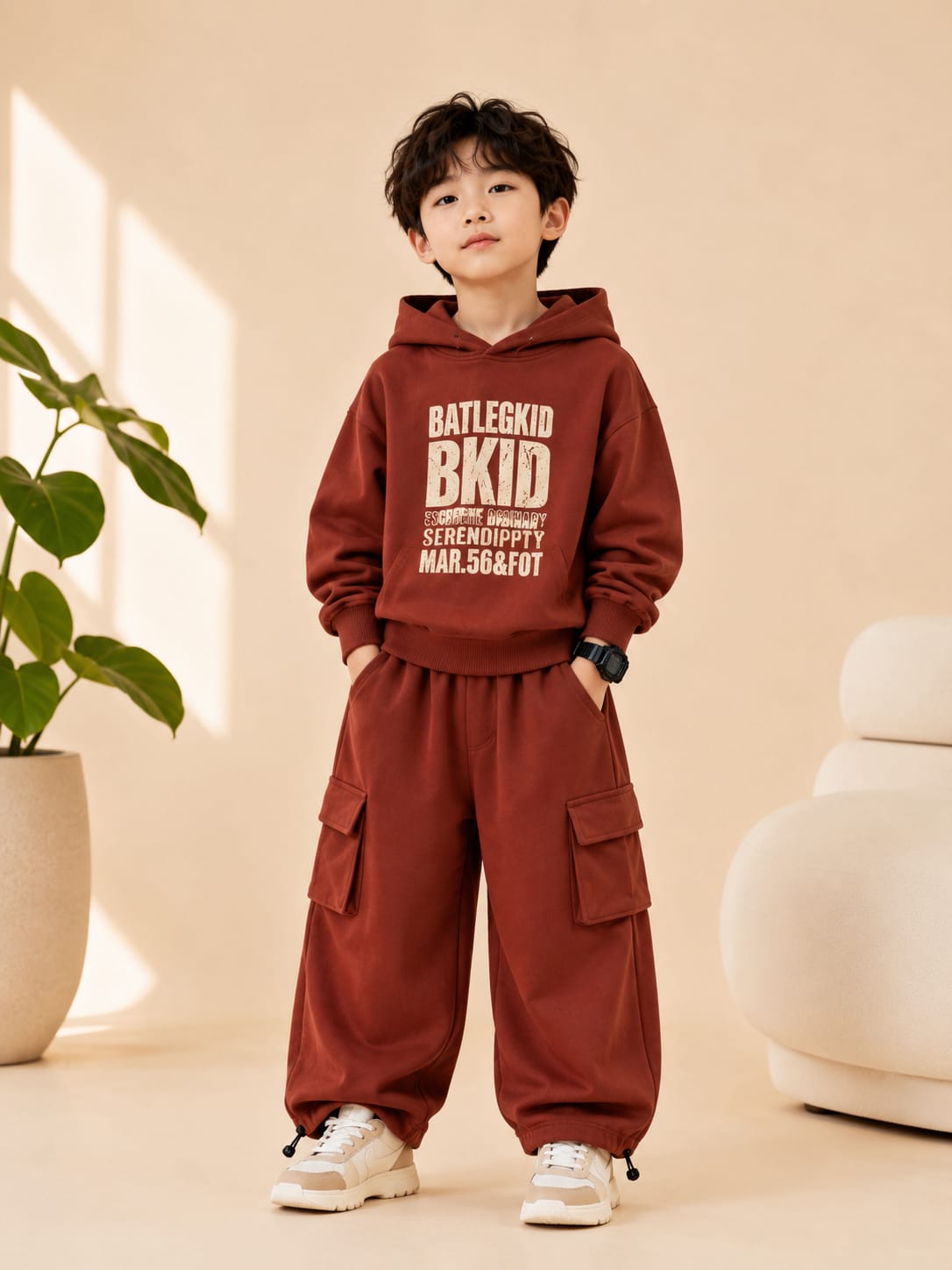 Kids Premium Hoodie Cargo Tracksuit Set | Rust Brown Co-Ord | 7–8 \ 8-9Years