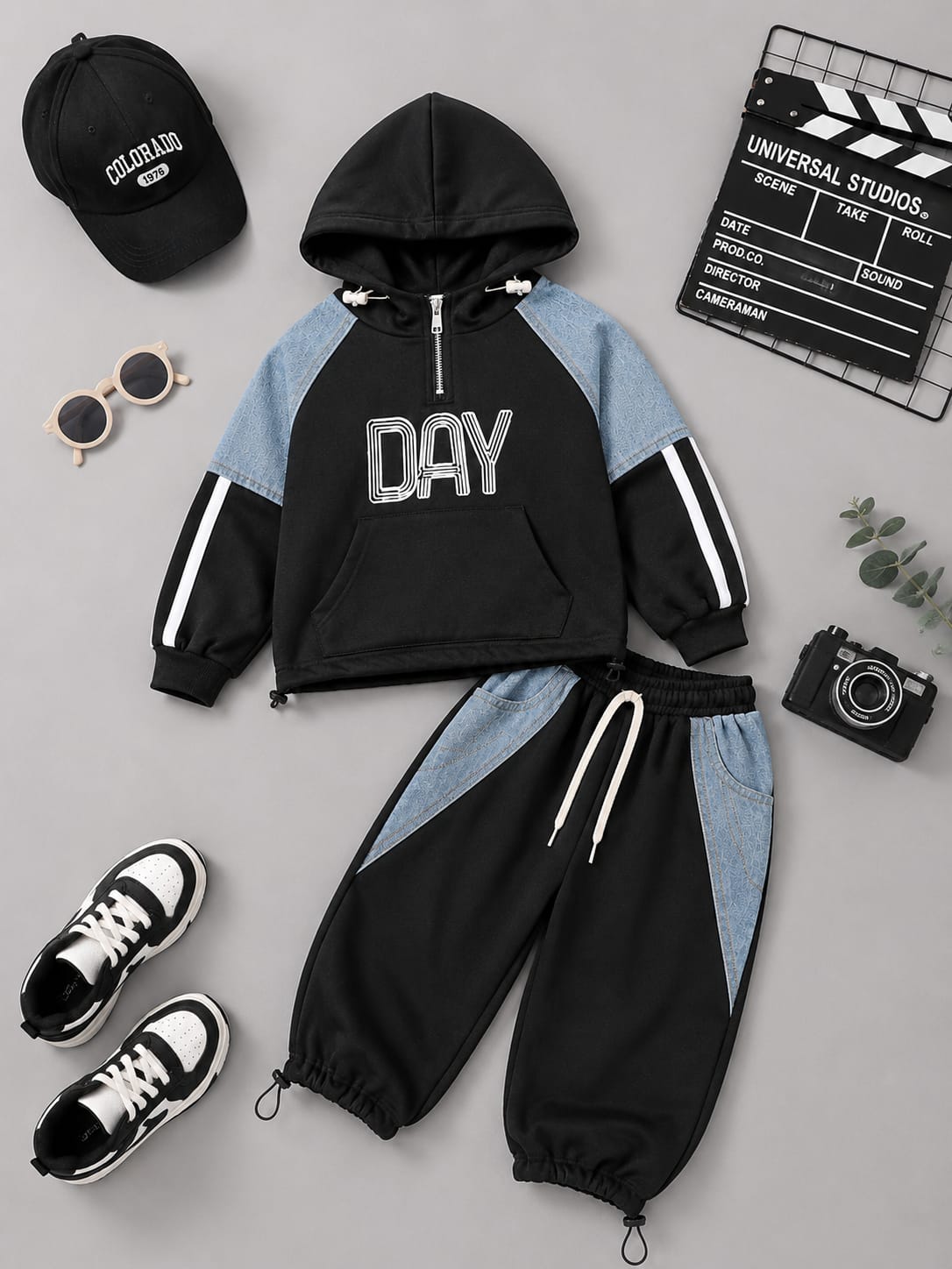 Kids Premium Hoodie Cargo Tracksuit Set | Black & Sky Blue | 6–9 Years