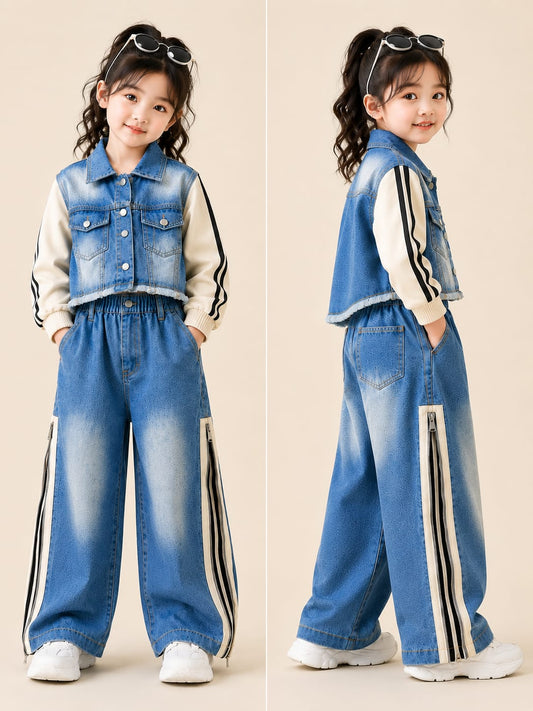 Girls Premium Denim Jacket & Wide Leg Jeans Co-Ord Set | Blue | 5–9 Years