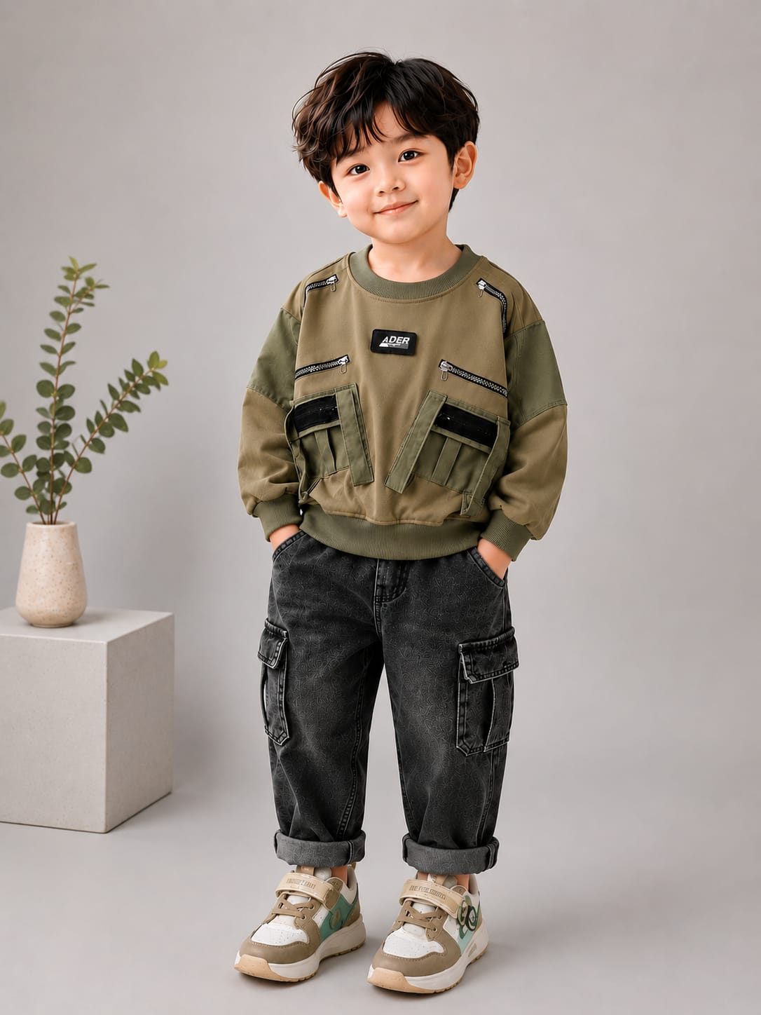 KIDS PREMIUM OLIVE GREEN UTILITY POCKET SWEATSHIRT | SIZES 18–26
