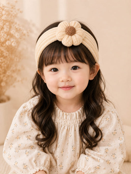 Baby Girls Cream Daisy Flower Nylon Headband | Soft Stretch Floral Hair Band | Cute Baby Hair Accessory