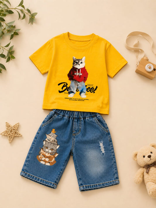 Boys Cartoon Printed T-Shirt & Denim Shorts Co-Ord Set | Yellow | 3–8 Years