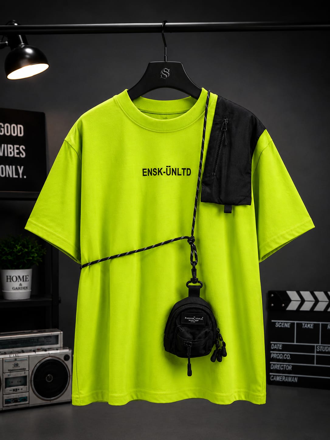 Boys Neon Green Utility Pocket T-Shirt with Mini Sling Bag | Premium Cotton Streetwear Tee | Age 10–12 Years