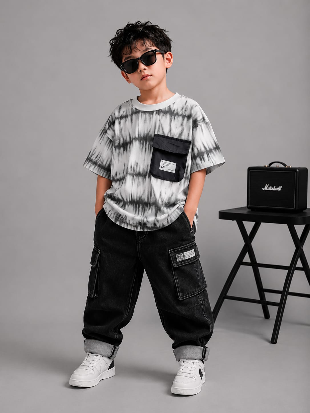 Boys Black & White Tie-Dye Oversized T-Shirt with Utility Pocket | Korean Streetwear | 5-9 Years